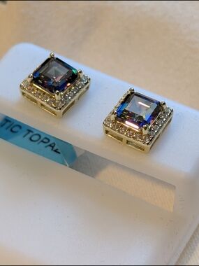 Mystic Topaz Square Halo Stud Earrings